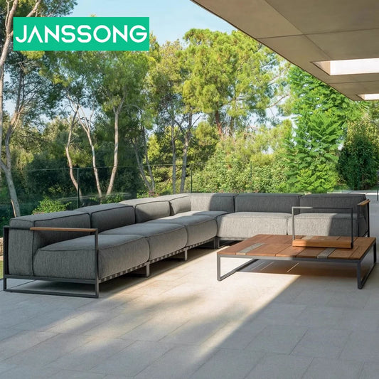 High End Luxury Garden Sofa Villa Hotel Aluminum Alloy Furniture Sunroom Leisure Outdoor Waterproof Wooden Sofa Coffee Table Set