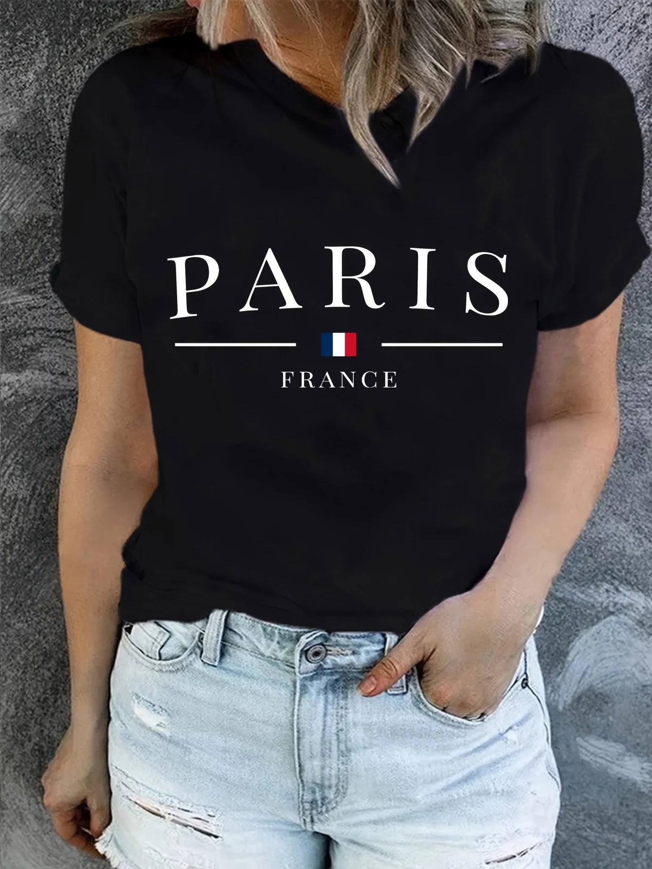PARIS France Casual Crew Neck T-Shirt - Geometric Pattern Regular Length