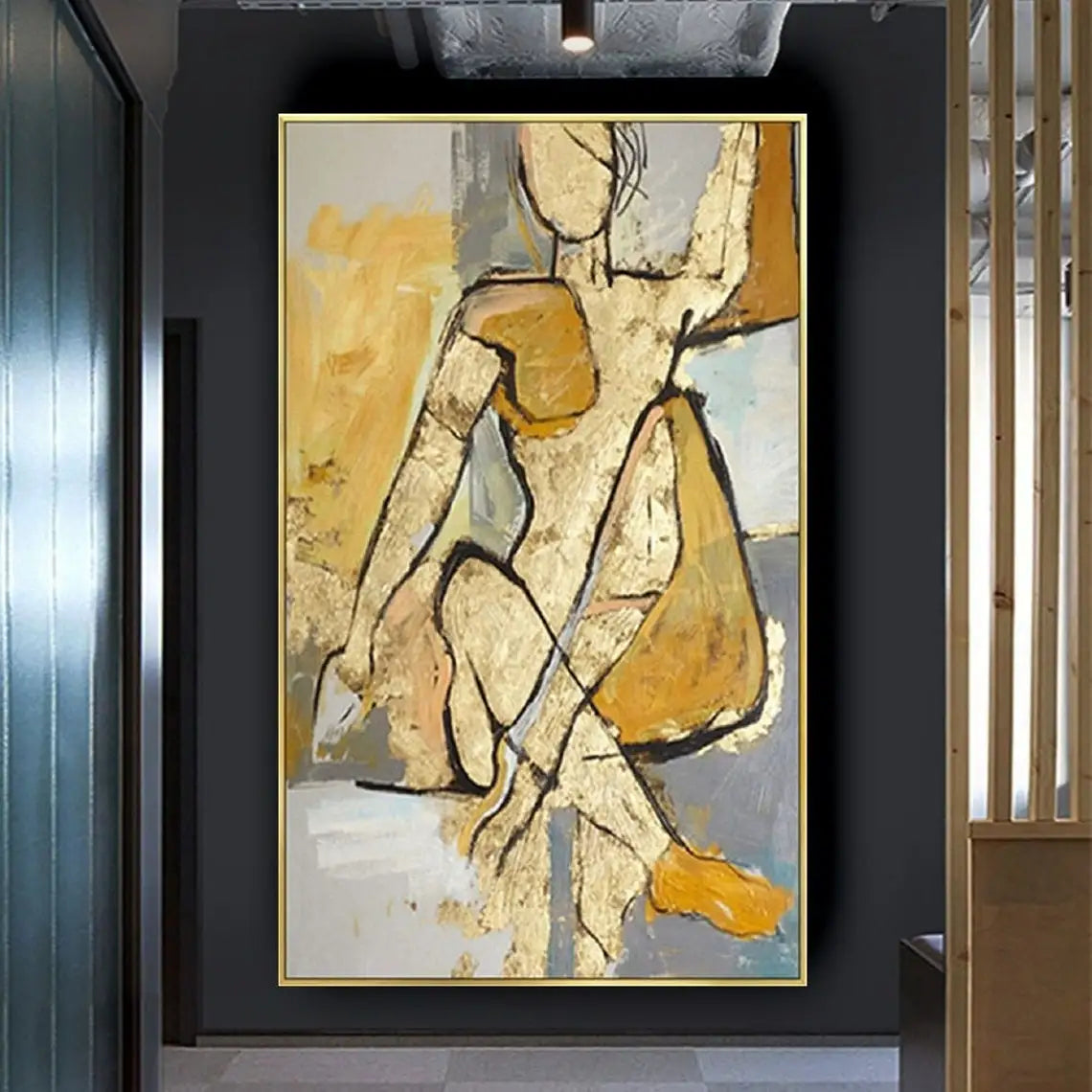 Golden Figure Outline 100% Hand Painted With Oil Large Modern Abstract Figures Wall Art