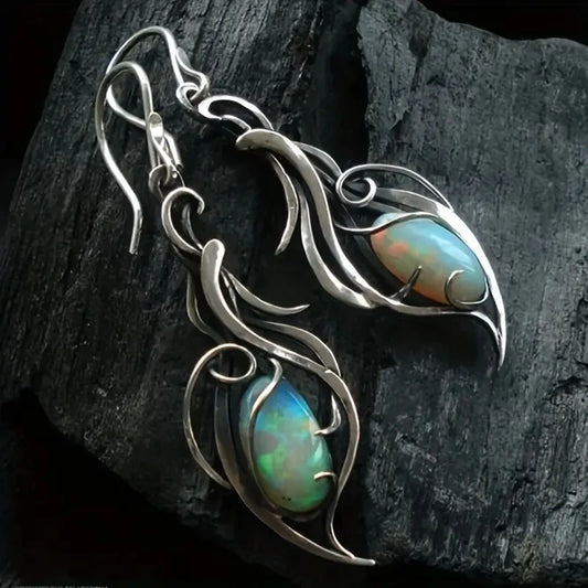 Bohemian Opal Dangle Earrings - Elegant Silver Plated Jewelry