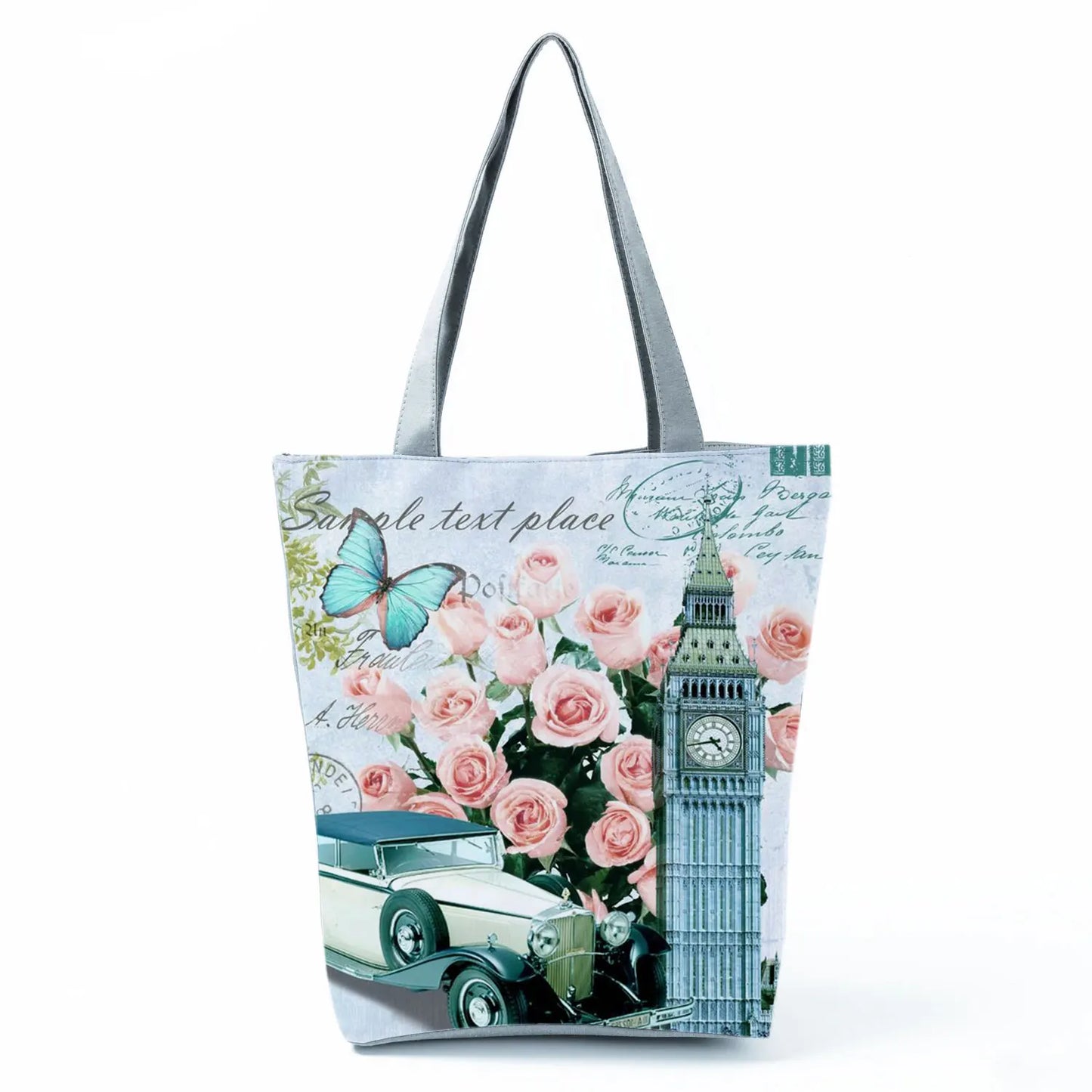 Floral Eiffel Tower Print Tote Bag Paris Landscape Shoulder Bag Fashion Pretty Handbags High Capacity Shopping Bag Eco Beach Bag