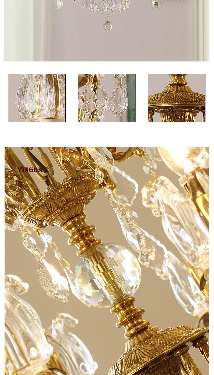 All Copper European Crystal Lamp, American Medieval Chandelier, French Living Room Lamp, Villa Classical Restaurant Lamp