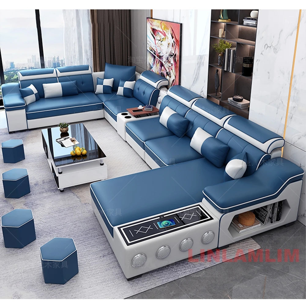 Modern Scientific Cloth Sectional Sofa Set with Chaise Lounge, Bluetooth Speakers, and USB Charging Ports for Living Room