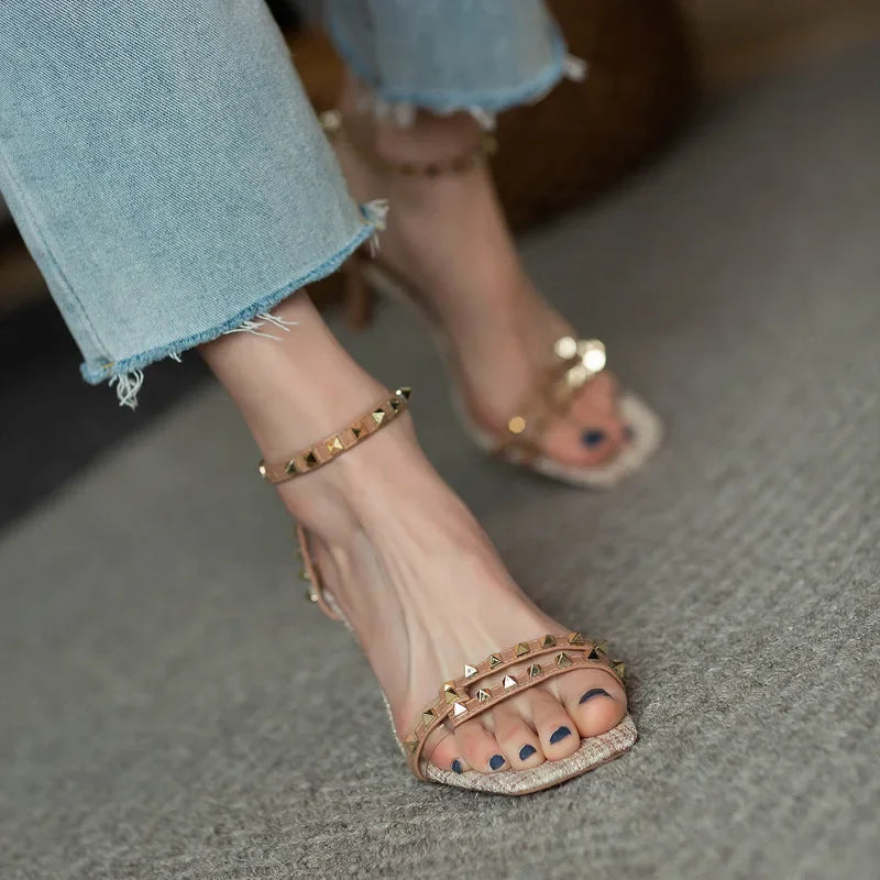 French Vintage Rivet Sandals for Women. 2025 New Summer Belt Buckle High Heel Roman Sandals Sexy Square Toe