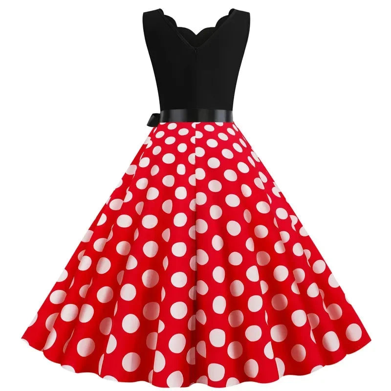 2025 New Vintage Polka Dot Print Women Summer Dress 50s Retro Patchwork Sleeveless V Neck Elegant Party Casual Robe Midi Dresses