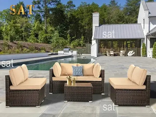 7-Piece Patio Furniture Set-Modular Wicker Outdoor Sectional Sofa Rattan With Pillow-top Cushions and Coffee Table