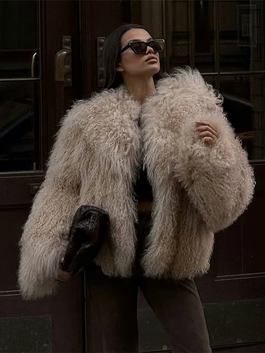 Elegant Faux Fur Warm Women Winter Coats Lapel, Long Sleeve.