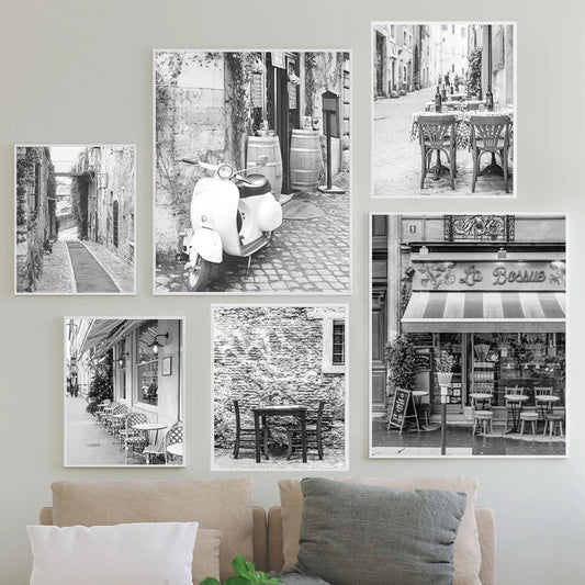 Black and White France Paris Outdoor Cafe Prints Vintage Photography Poster, Sidewalk Coffee Shop, Art Canvas Painting