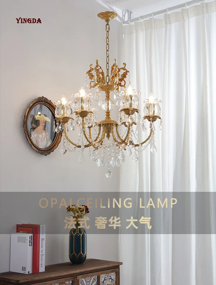 All Copper European Crystal Lamp, American Medieval Chandelier, French Living Room Lamp, Villa Classical Restaurant Lamp