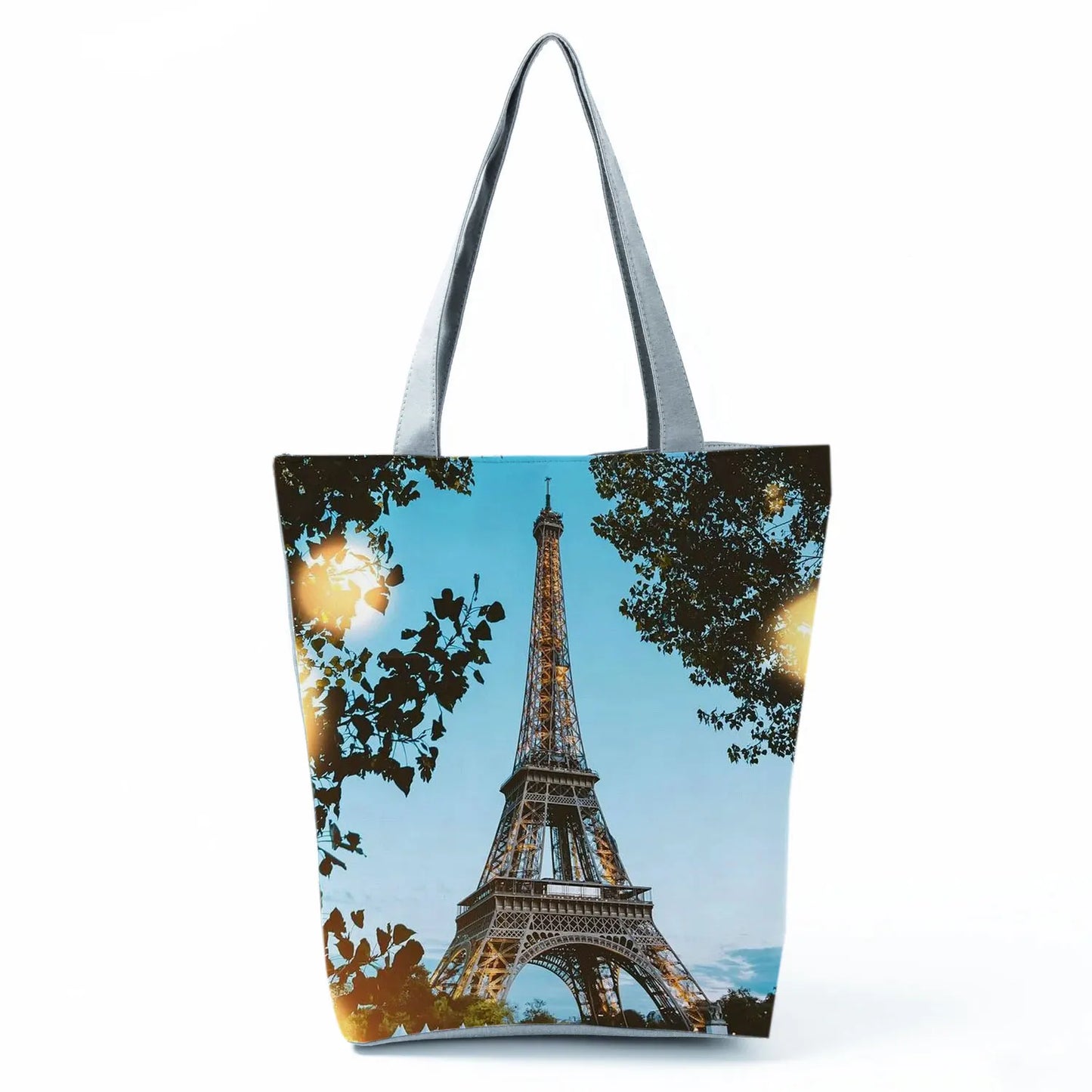 Floral Eiffel Tower Print Tote Bag Paris Landscape Shoulder Bag Fashion Pretty Handbags High Capacity Shopping Bag Eco Beach Bag