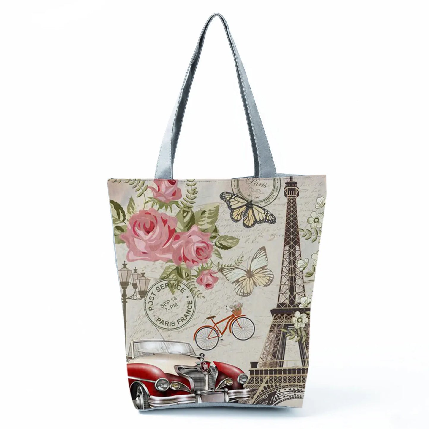 Floral Eiffel Tower Print Tote Bag Paris Landscape Shoulder Bag Fashion Pretty Handbags High Capacity Shopping Bag Eco Beach Bag