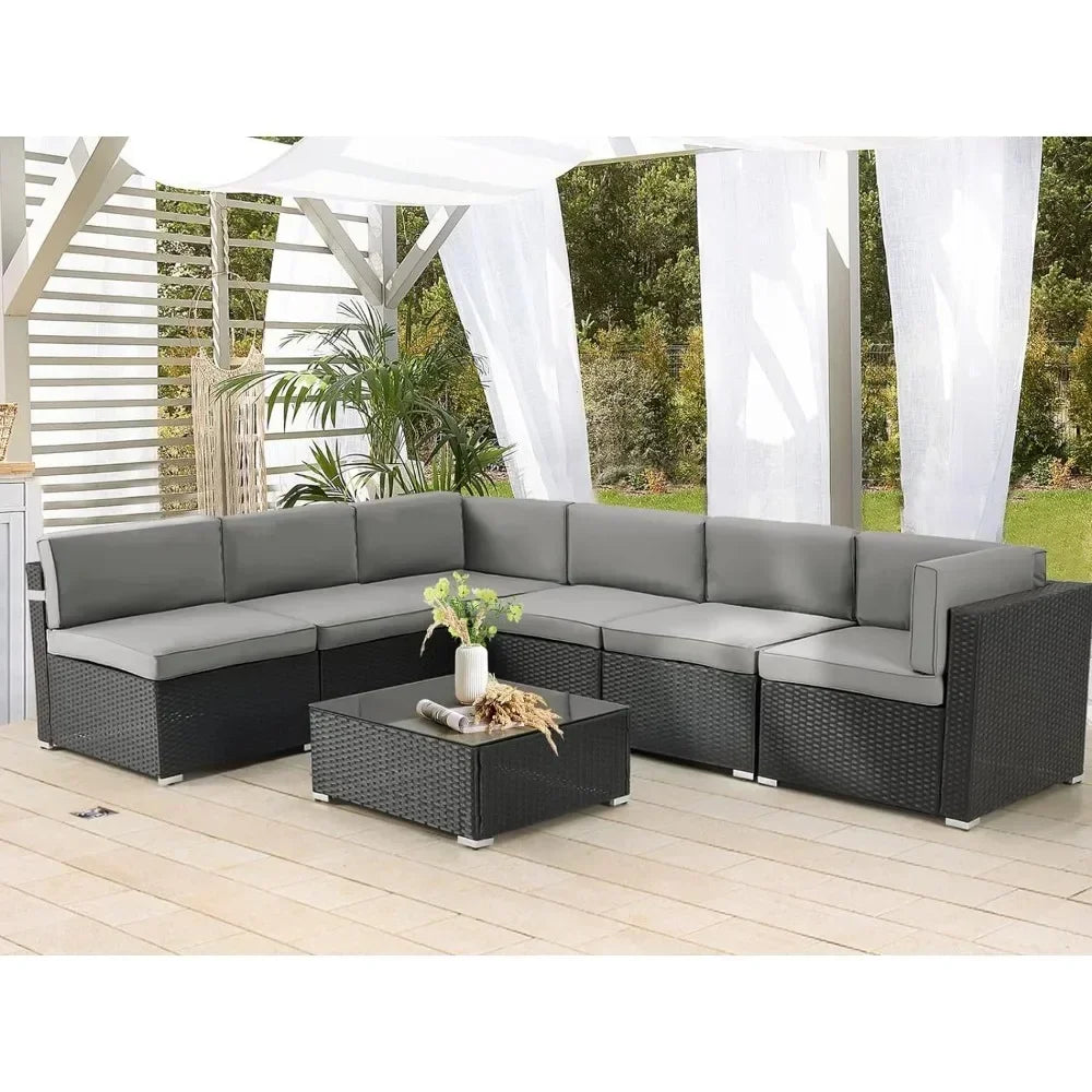 7-Piece Patio Furniture Set-Modular Wicker Outdoor Sectional Sofa Rattan With Pillow-top Cushions and Coffee Table