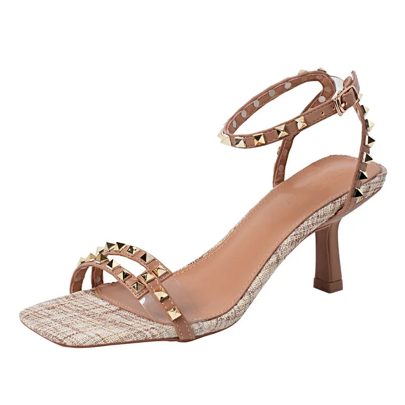 French Vintage Rivet Sandals for Women. 2025 New Summer Belt Buckle High Heel Roman Sandals Sexy Square Toe