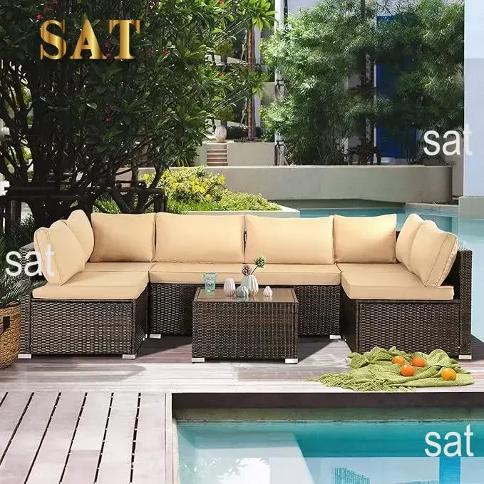7-Piece Patio Furniture Set-Modular Wicker Outdoor Sectional Sofa Rattan With Pillow-top Cushions and Coffee Table