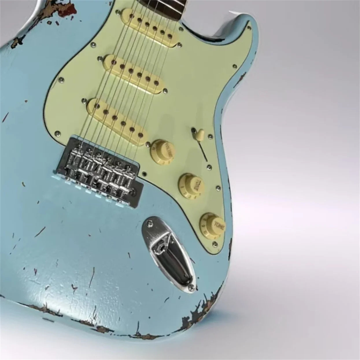1959 Strat Like Heavy Relic Light Blue Over Sunburst Electric Guitar. Aged Hardware Nitro Lacquer Finish