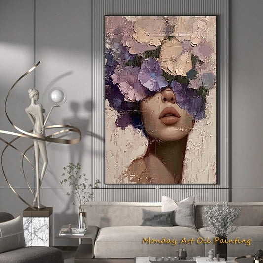 Hand Painted Abstract Woman Faceless Portrait Oil Painting Artwork Original Flower Figurative Art Home Decor