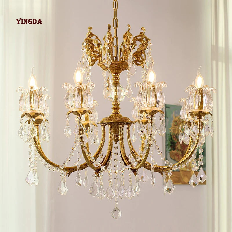 All Copper European Crystal Lamp, American Medieval Chandelier, French Living Room Lamp, Villa Classical Restaurant Lamp