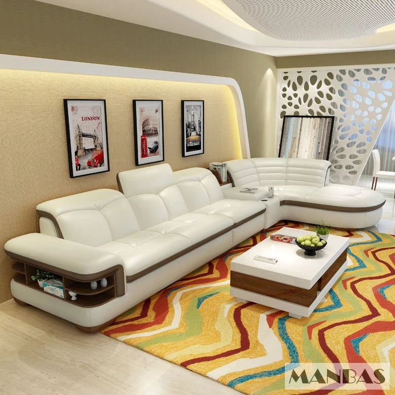 Luxury L-Shaped Genuine Leather Sectional Sofa Sets with USB, Bluetooth Speaker - MINGDIBAO Living Room Italian Leather Couches