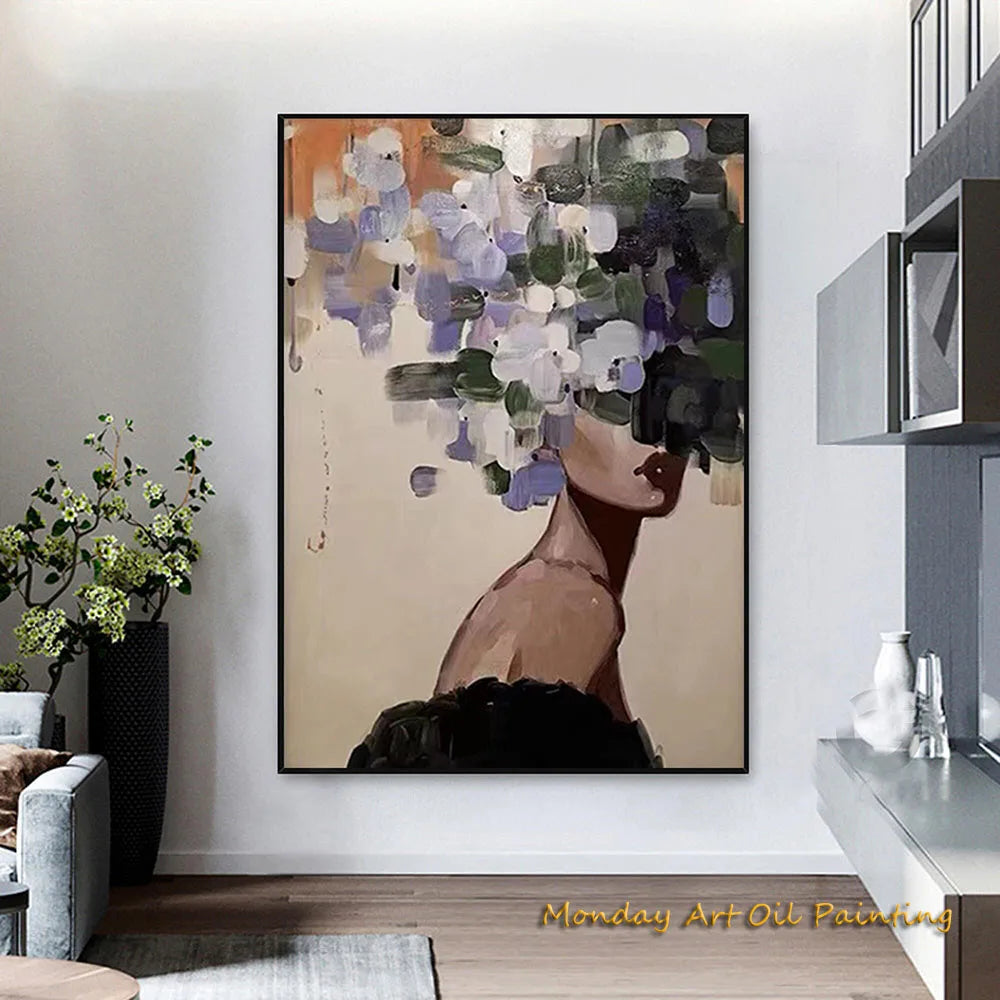 Hand Painted Abstract Woman Faceless Portrait Oil Painting Artwork Original Flower Figurative Art Home Decor
