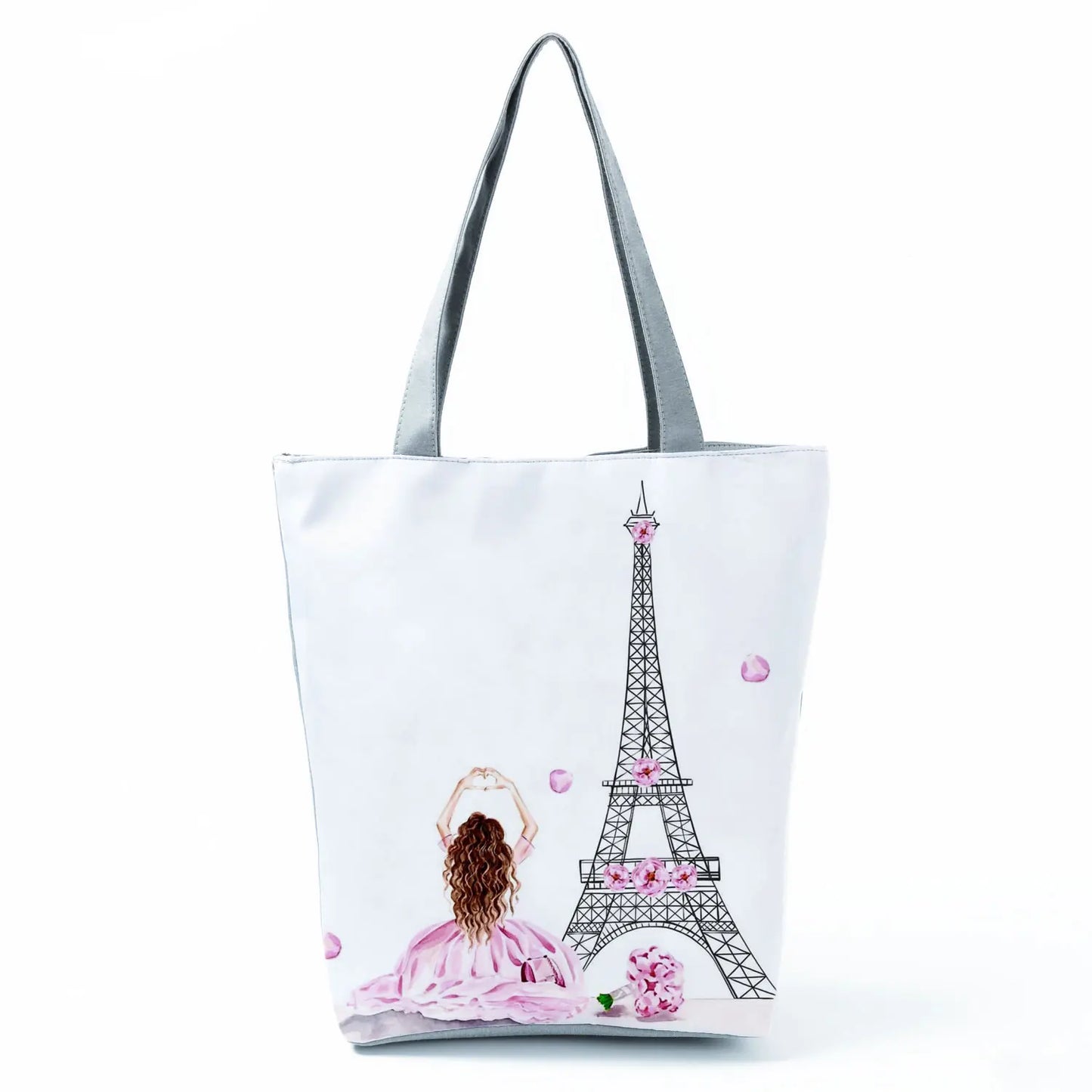 Floral Eiffel Tower Print Tote Bag Paris Landscape Shoulder Bag Fashion Pretty Handbags High Capacity Shopping Bag Eco Beach Bag