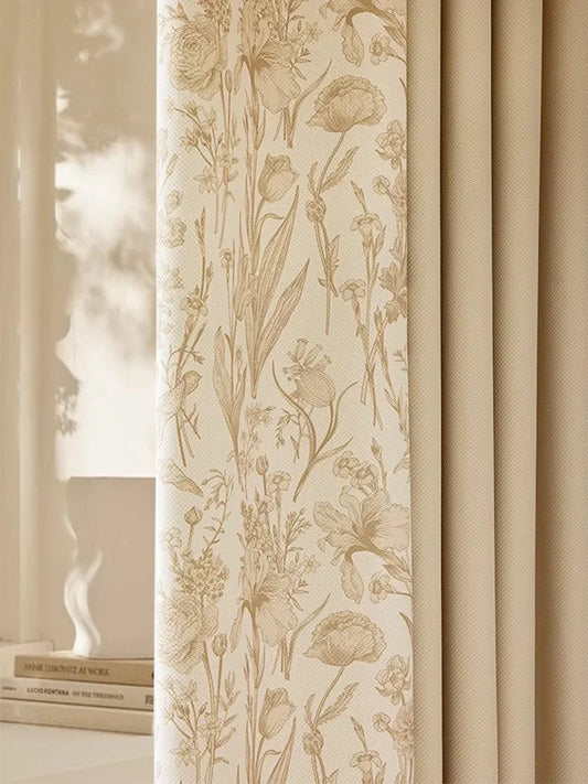 French Beige Living Room Decorative Curtains Solid Color Floral Pattern Bedroom Curtains Study Room Blackout Sunscreen Curtains