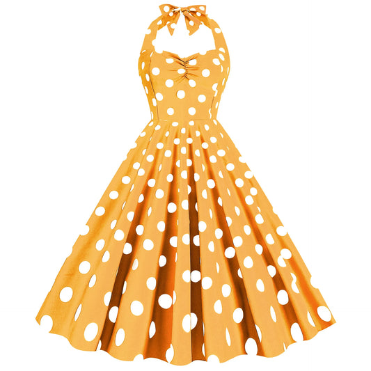 Sexy Retro Yellow Polka Dot Halter Dress Audrey Hepburn 50s 60s Vintage Dress Gothic Pin Up Dress Women's Clothing