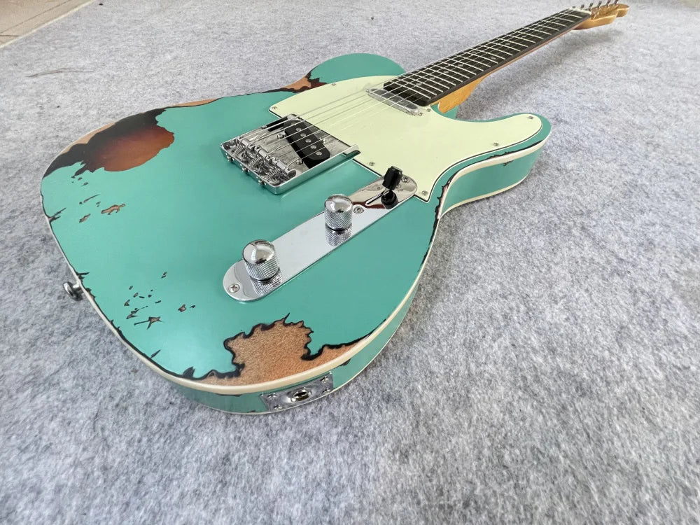 Distressed Handpainted  Electric Guitar，Master built seafoam green On sunburst color, High Quality, can be customized，free shipping