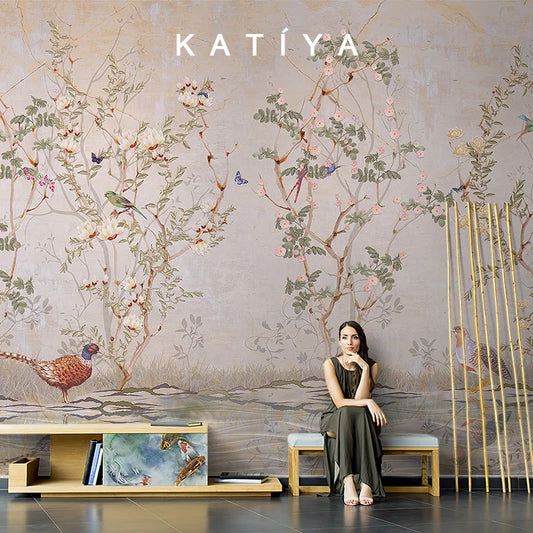 Gorgeous Flower and Bird Wallpaper. New Chinese Pastoral Flower Living Room, Bedroom Hotel-Like Mural