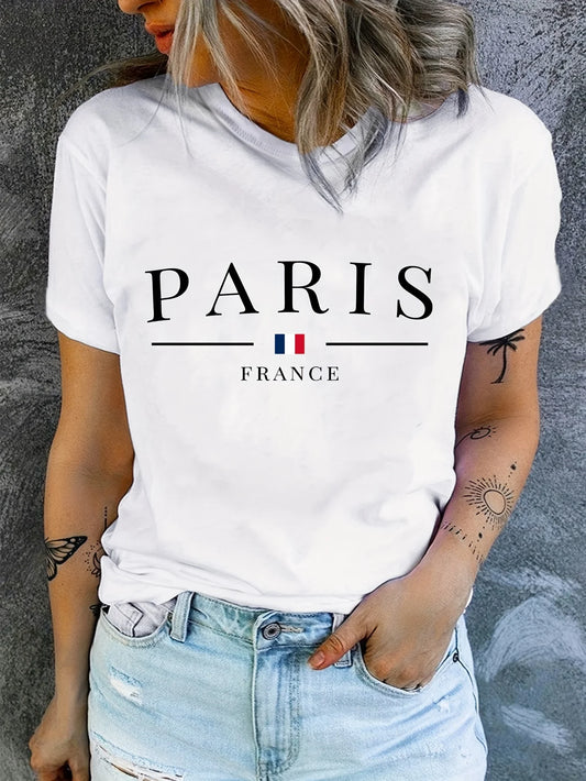 PARIS France Casual Crew Neck T-Shirt - Geometric Pattern Regular Length