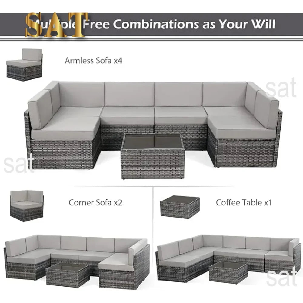 7-Piece Patio Furniture Set-Modular Wicker Outdoor Sectional Sofa Rattan With Pillow-top Cushions and Coffee Table