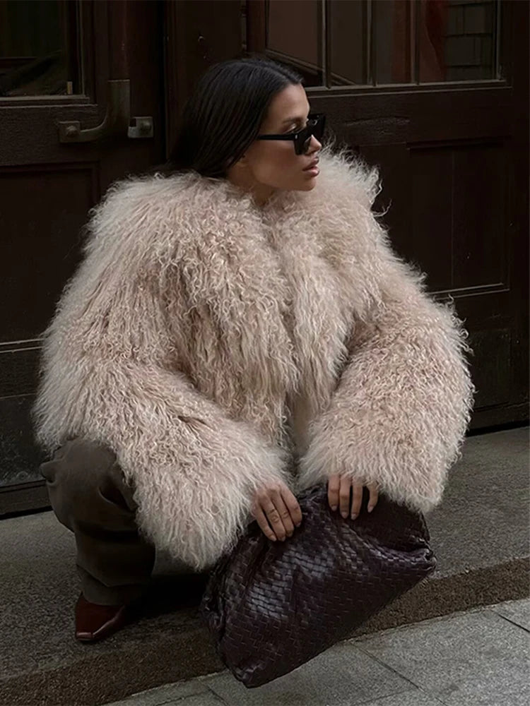 Elegant Faux Fur Warm Women Winter Coats Lapel Long Sleeve Thickened Loose Jackets 2025 Winter New Lady High Street Outerwears