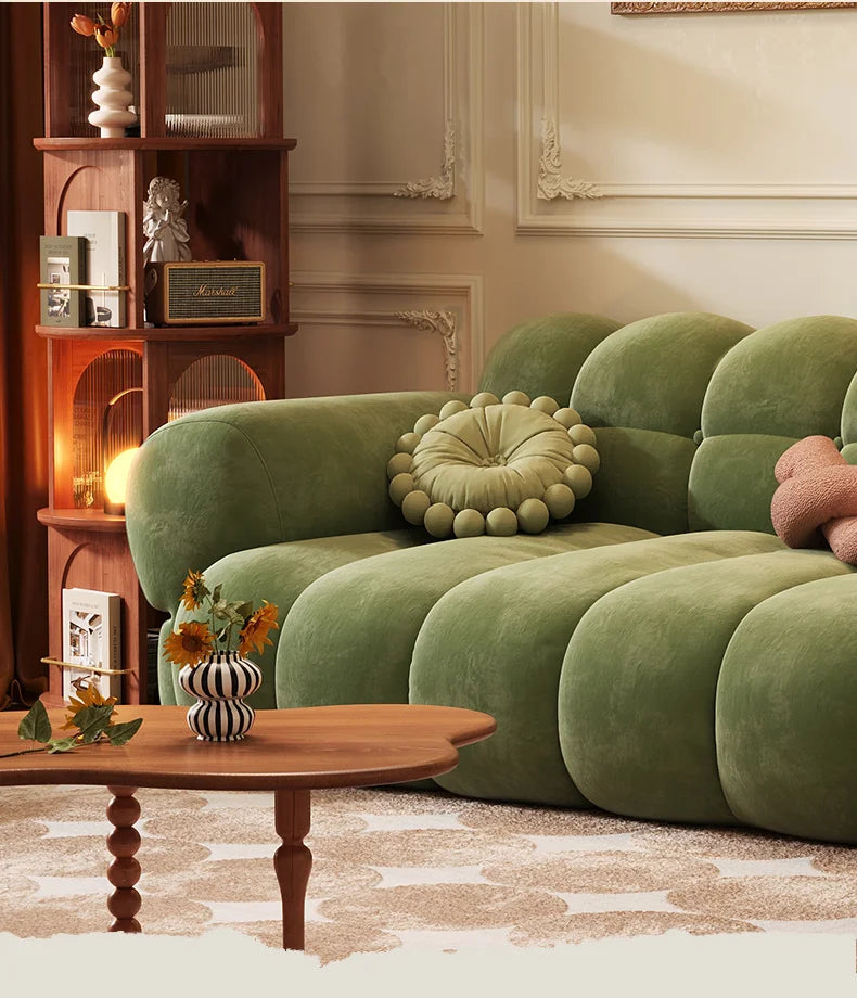 French retro green sofa, cotton candy, straight row cream style, small living room, piano keys, lamb plush sofa