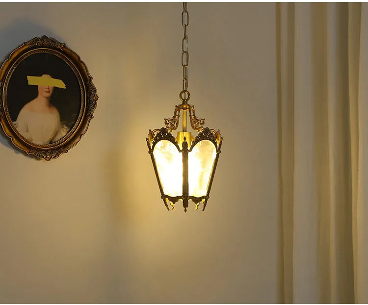 French-Style Retro Copper Ice Flower Glass Small Chandelier Bedside Balcony Porch Pendant Lighting Cloakroom Hanging Lamp