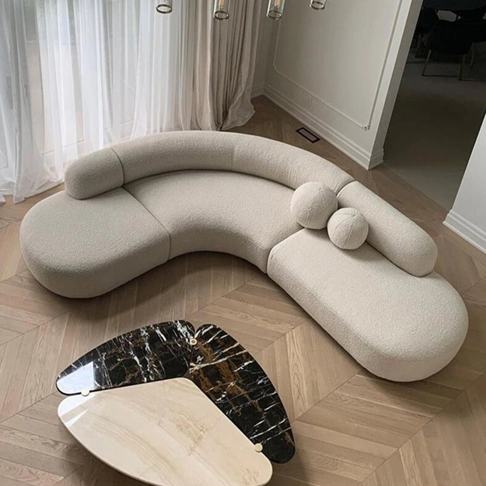 Modern Furniture Curved Sofa Set. Round White Living Room Apartment Boucle Semi-Circular Sofa Italian Minimalist Sofa