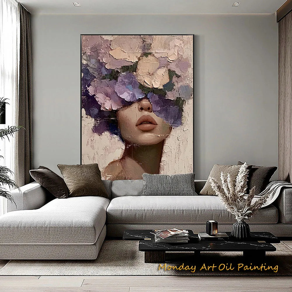 Hand Painted Abstract Woman Faceless Portrait Oil Painting Artwork Original Flower Figurative Art Home Decor