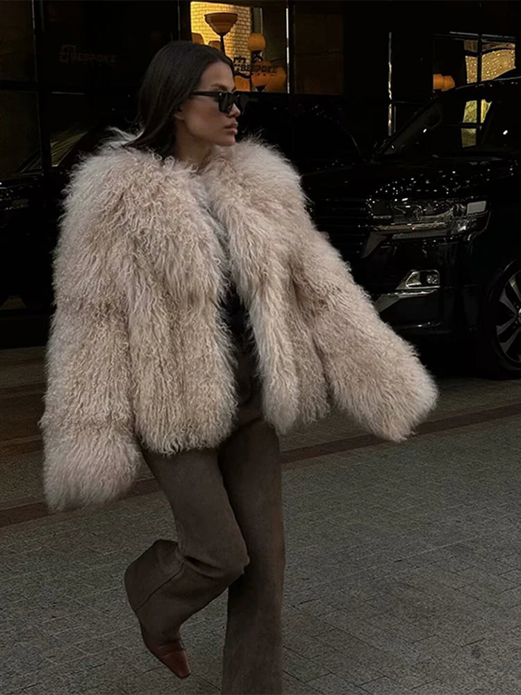 Elegant Faux Fur Warm Women Winter Coats Lapel Long Sleeve Thickened Loose Jackets 2025 Winter New Lady High Street Outerwears