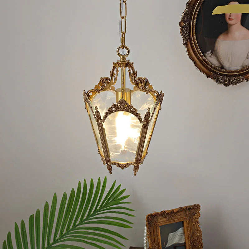French-Style Retro Copper Ice Flower Glass Small Chandelier Bedside Balcony Porch Pendant Lighting Cloakroom Hanging Lamp