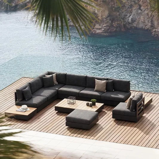 Outdoor Villa Sofa Set-Hotel-Like Patio Poolside Teak L Sectional Sofa