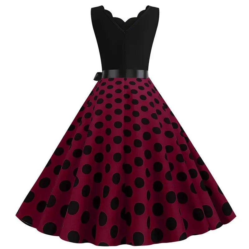 2025 New Vintage Polka Dot Print Women Summer Dress 50s Retro Patchwork Sleeveless V Neck Elegant Party Casual Robe Midi Dresses