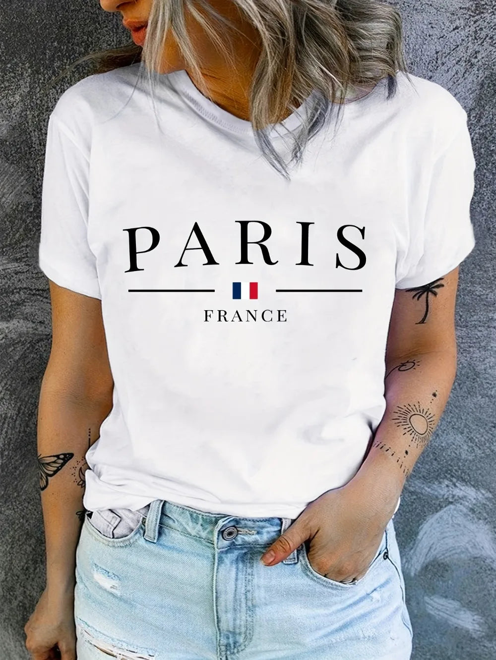 PARIS France Casual Crew Neck T-Shirt - Geometric Pattern Regular Length