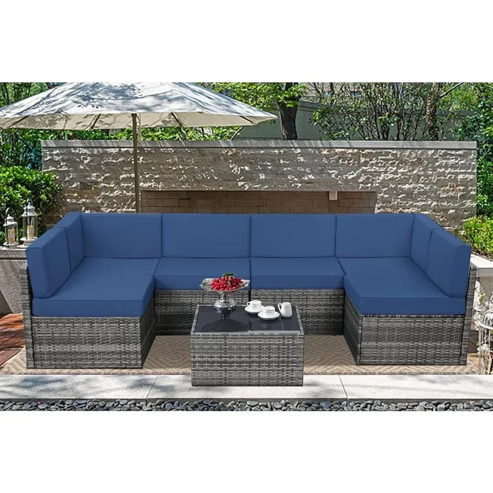 7-Piece Patio Furniture Set-Modular Wicker Outdoor Sectional Sofa Rattan With Pillow-top Cushions and Coffee Table
