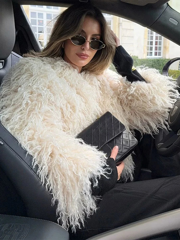 Elegant Faux Fur Warm Women Winter Coats Lapel Long Sleeve Thickened Loose Jackets 2025 Winter New Lady High Street Outerwears