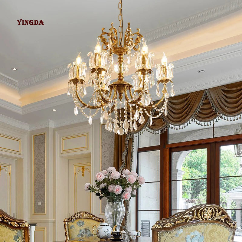 All Copper European Crystal Lamp, American Medieval Chandelier, French Living Room Lamp, Villa Classical Restaurant Lamp