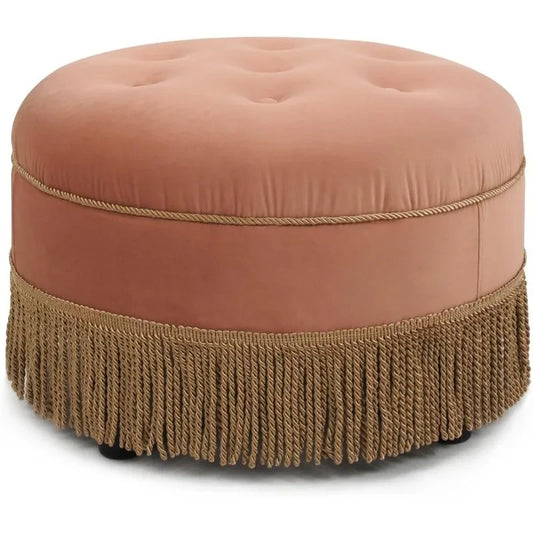Upholstered Round Accent Ottoman, Peach Orange Velvet with Gold Trim