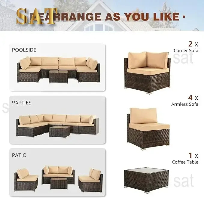 7-Piece Patio Furniture Set-Modular Wicker Outdoor Sectional Sofa Rattan With Pillow-top Cushions and Coffee Table