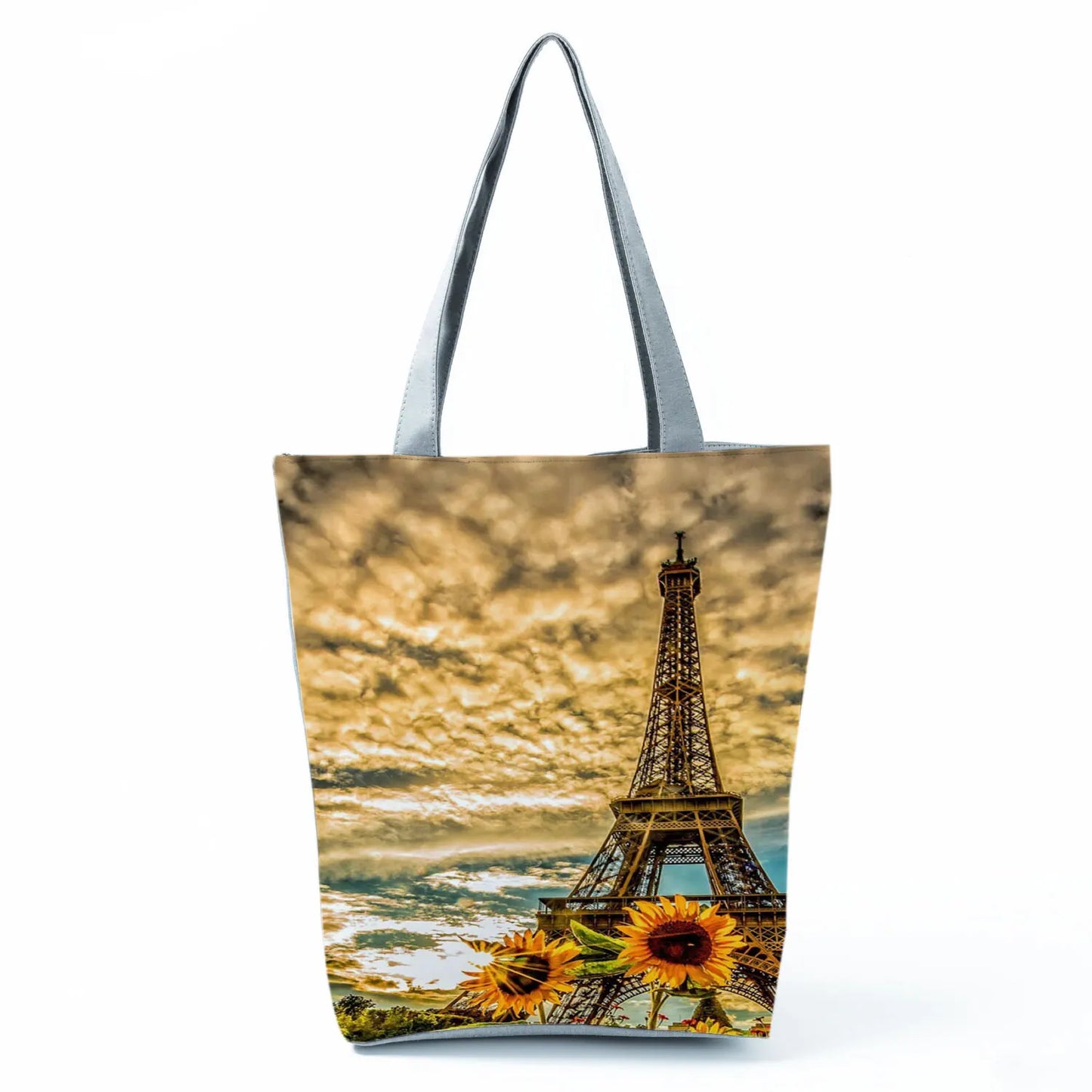 Floral Eiffel Tower Print Tote Bag Paris Landscape Shoulder Bag Fashion Pretty Handbags High Capacity Shopping Bag Eco Beach Bag