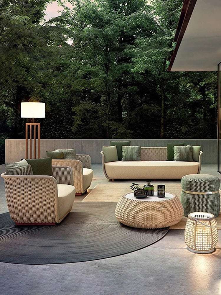 Outdoor Sofa Courtyard Villa Living Room. Waterproof Rope Design. Rattan Combination Furniture. Solid Wood Coffee Table.