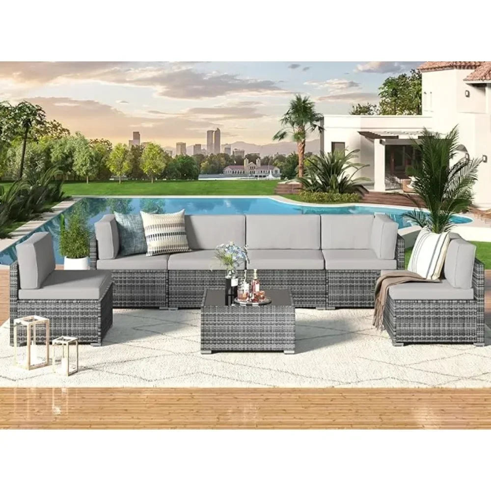 7-Piece Patio Furniture Set-Modular Wicker Outdoor Sectional Sofa Rattan With Pillow-top Cushions and Coffee Table