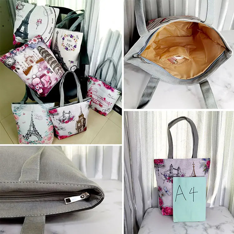 Floral Eiffel Tower Print Tote Bag Paris Landscape Shoulder Bag Fashion Pretty Handbags High Capacity Shopping Bag Eco Beach Bag