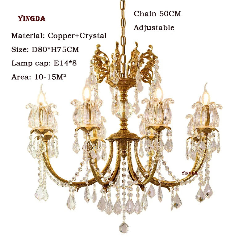 All Copper European Crystal Lamp, American Medieval Chandelier, French Living Room Lamp, Villa Classical Restaurant Lamp
